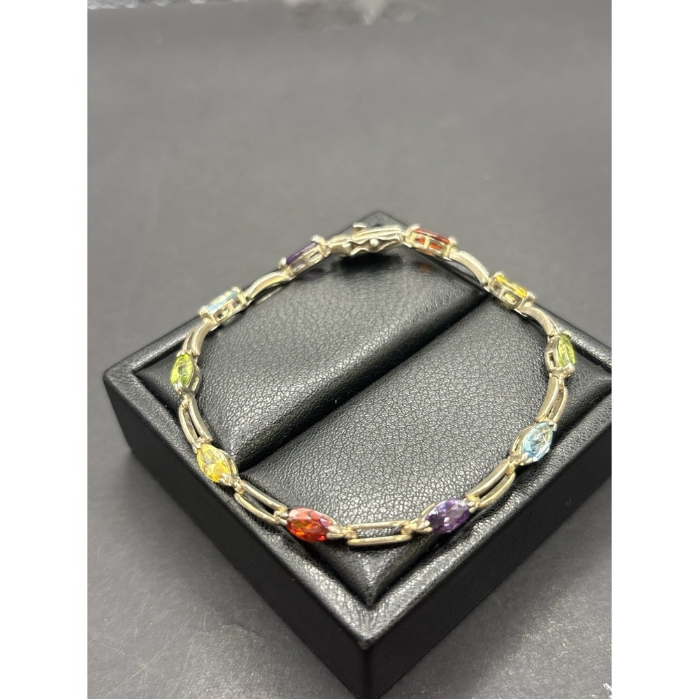 7.5" Vintage Gold Sterling Silver Multi Color Cubic Zirconia Bracelet 8 Grams H7